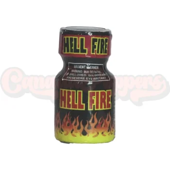 Hell Fire 10ml poppers bottle with flame graphic and bold yellow and black label – Canada Poppers